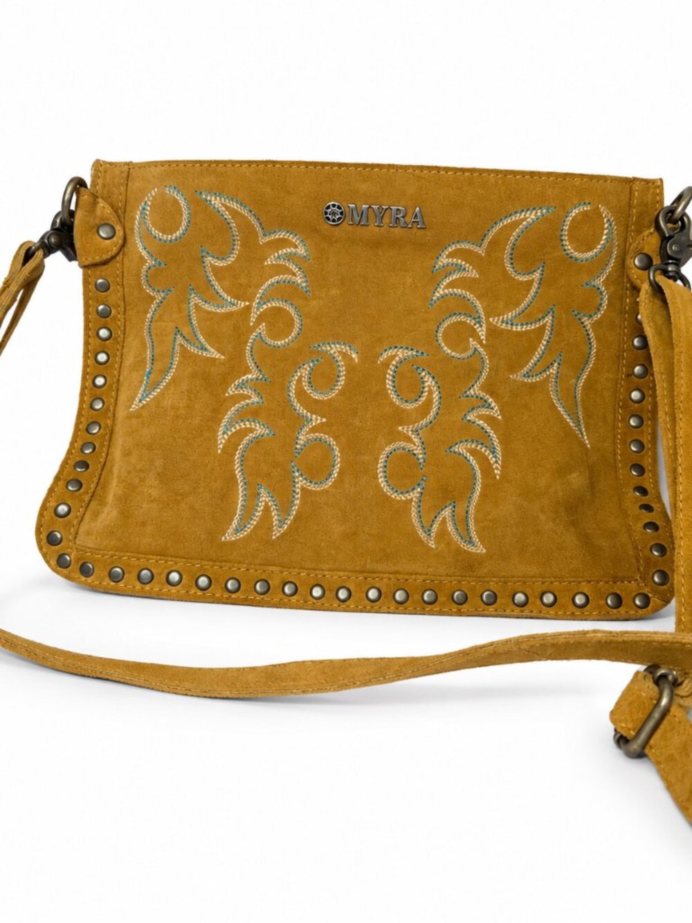 Myra Mustard Yellow Embroidered Leather Crossbody Bag